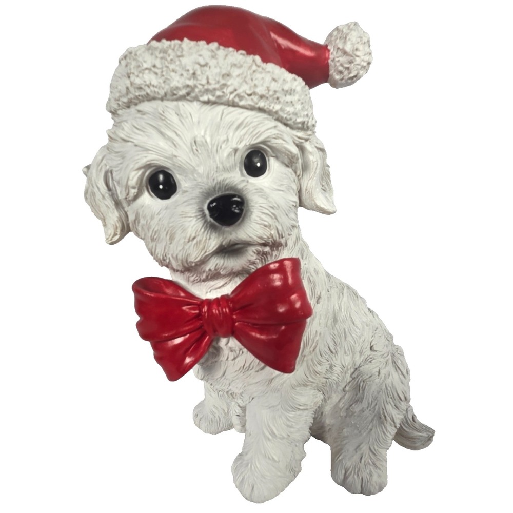 Unbranded Christmas Puppy Figurine 10in White New Santa Hat Red Bow Resin Decor